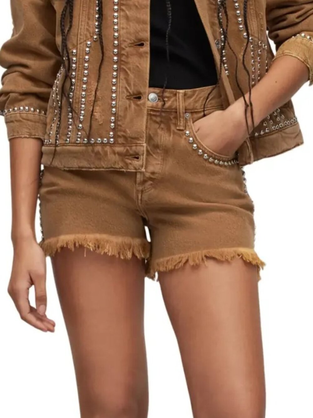 AllSaints Studded Denim Shorts in Light Brown Size 26